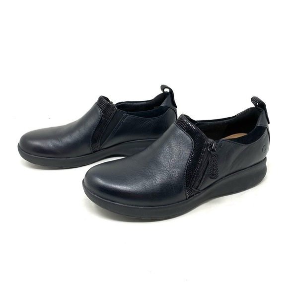 Clarks Un Adorn Zip Black Leather Combo NARROW - Picture 2 of 8